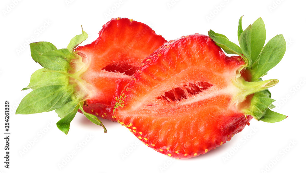 Strawberry with green leaf and slices isolated on white background. Healthy food. Strawberry with green leaf and slices isolated on white background. Healthy food.