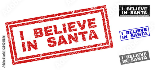 Grunge I BELIEVE IN SANTA rectangle stamp seals isolated on a white background. Rectangular seals with grunge texture in red, blue, black and grey colors. photo