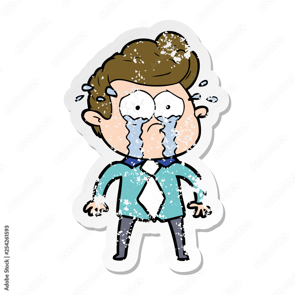distressed sticker of a cartoon crying man distressed sticker of a cartoon crying man