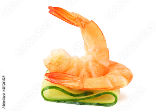 shrimps skewers with cucumber isolated on a white background