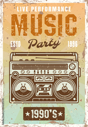 Music nineties party vintage poster with boombox