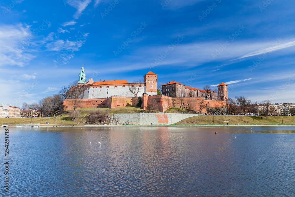  The Wawel Castle on blue sky background. Castle residency located in central Krakow, Poland. February 23, 2019.