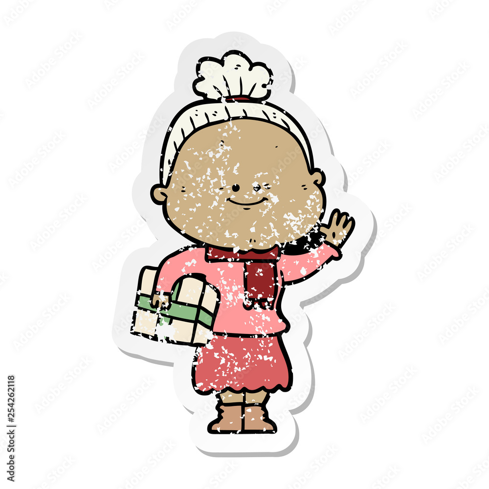 distressed sticker of a cartoon happy old woman distressed sticker of a cartoon happy old woman