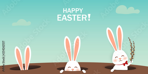 Happy Easter. Easter Rabbit Bunny looking from a hole. Cute, funny cartoon rabbit character. Design template for Banner, flyer, invitation, greeting card, poster. Festive design elements.