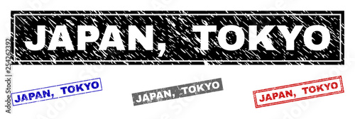 Grunge JAPAN, TOKYO rectangle stamp seals isolated on a white background. Rectangular seals with grunge texture in red, blue, black and grey colors. Vector rubber overlay of JAPAN,