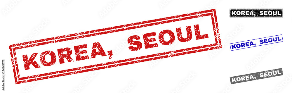 Grunge KOREA, SEOUL rectangle stamp seals isolated on a white background. Rectangular seals with grunge texture in red, blue, black and grey colors. Vector rubber imprint of KOREA, Grunge KOREA, SEOUL rectangle stamp seals isolated on a white background. Rectangular seals with grunge texture in red, blue, black and grey colors. Vector rubber imprint of KOREA,