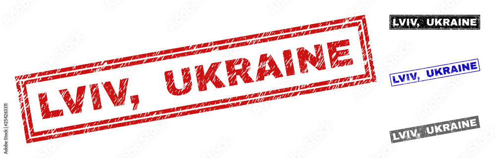 Grunge LVIV, UKRAINE rectangle stamp seals isolated on a white background. Rectangular seals with grunge texture in red, blue, black and grey colors. Vector rubber imitation of LVIV, Grunge LVIV, UKRAINE rectangle stamp seals isolated on a white background. Rectangular seals with grunge texture in red, blue, black and grey colors. Vector rubber imitation of LVIV,