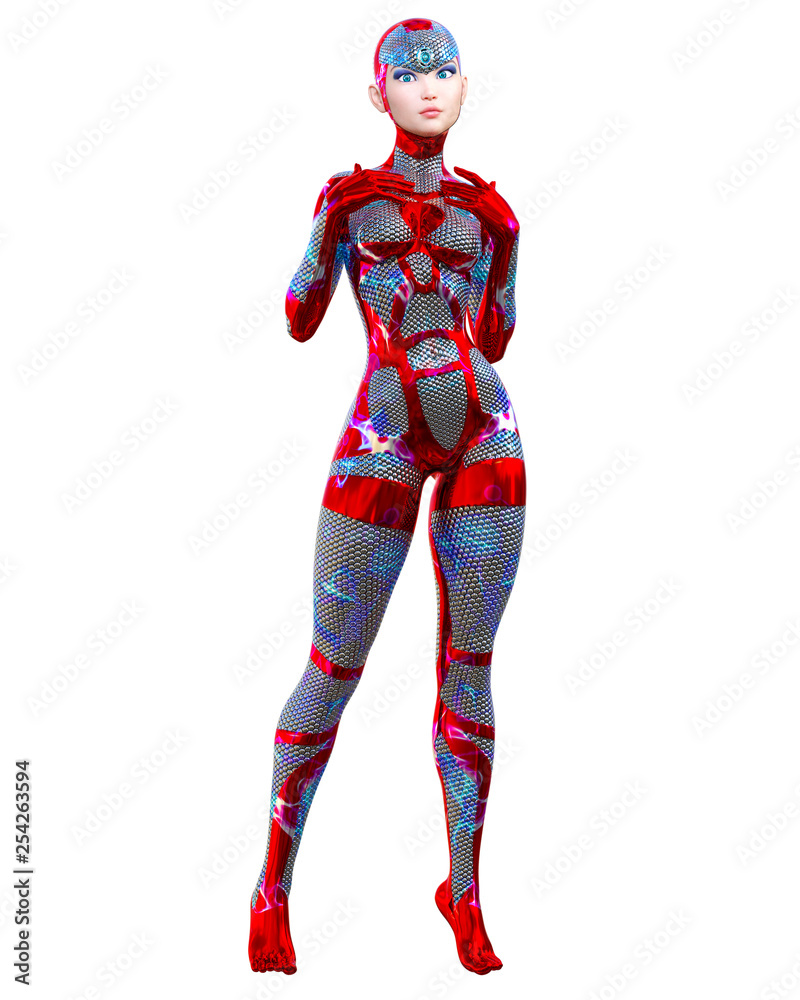Cyborg droid robot woman futuristic metallic neon suit.Squama armor.Extravagant fashion art.Girl standing candid provocative pose.Realistic 3D rendering isolate illustration.Comic hero.