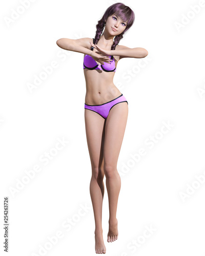 3D beautiful summer beach woman swimsuit bikini.Summer rest.Conceptual fashion art.Seductive candid pose.Realistic render illustration.Isolate