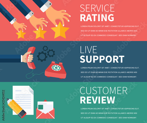 Business customer care service concept. Service rating, live support, customer review business banners for websites and mobile applications. Flat vector illustration