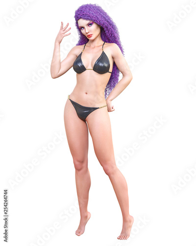 3D beautiful summer beach blond woman blue swimsuit bikini.Summer rest.Conceptual fashion art.Seductive candid pose.Realistic render illustration.Isolate