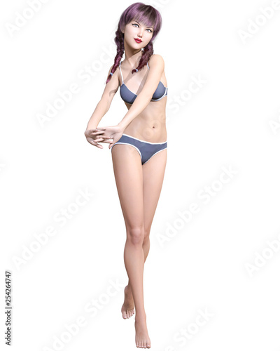 3D beautiful summer beach blond woman blue swimsuit bikini.Summer rest.Conceptual fashion art.Seductive candid pose.Realistic render illustration.Isolate