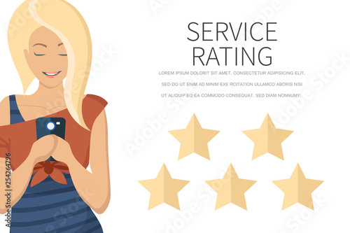 Service rating concept of young man using smartphone to leave a feedback. Concept of feedback,testimonials messages and notifications.Rating on customer service illustration.Flat vector illustration