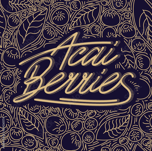 Concept berries acai vector line. hand drawing, funny doodles on a dark background with lettering.