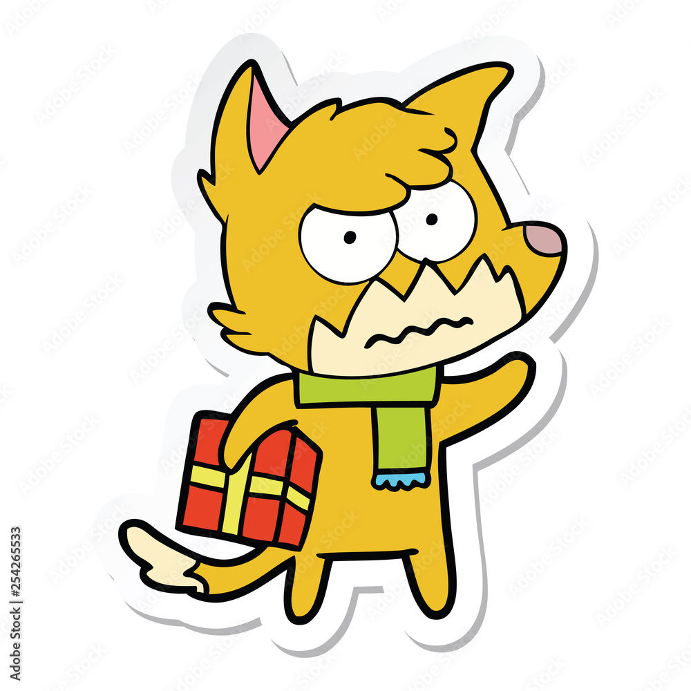 sticker of a cartoon annoyed fox carrying gift sticker of a cartoon annoyed fox carrying gift