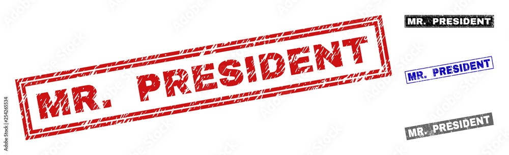 Grunge MR. PRESIDENT rectangle stamp seals isolated on a white background. Rectangular seals with distress texture in red, blue, black and gray colors. Vector rubber watermark of MR. Grunge MR. PRESIDENT rectangle stamp seals isolated on a white background. Rectangular seals with distress texture in red, blue, black and gray colors. Vector rubber watermark of MR.