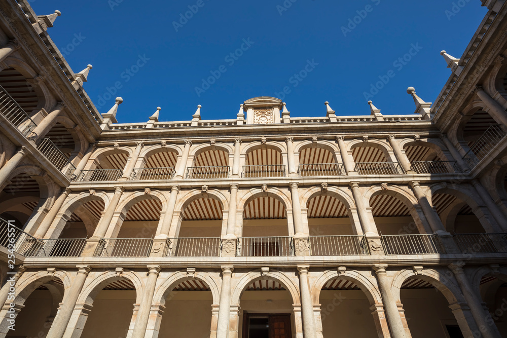 Facade of the famous and ancient university of Alcala de Henares, Madrid, Spain.