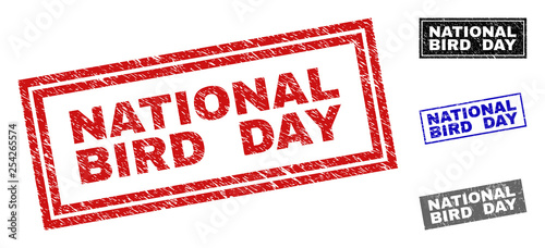 Grunge NATIONAL BIRD DAY rectangle stamp seals isolated on a white background. Rectangular seals with distress texture in red, blue, black and grey colors.