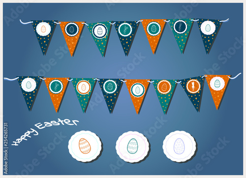 Vector Easter garlands with triangular flags, eggs, hearts and bunnies. Illustration for easter cards and invitations. Gray, orange, green grass colors and rabbit silhouettes. decoration easter party
