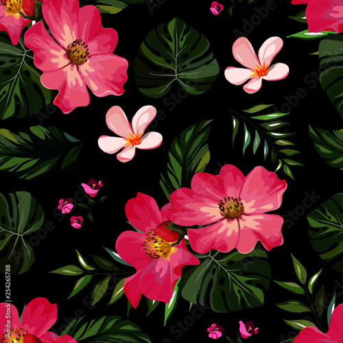 Tropical flowers with leaves seamless pattern 