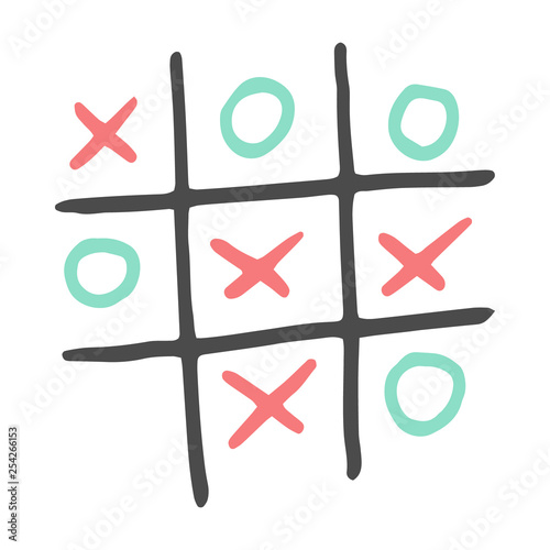 Hand-drawn tic tac toe game. Vector color illustration isolated on white background.