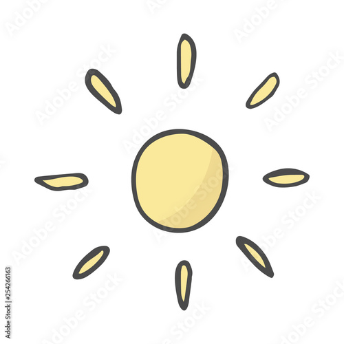 Cute cartoon hand drawn sun drawing. Sweet vector color sun drawing. Isolated monochrome doodle sun drawing on white background.
