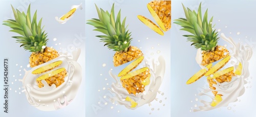Set of realistic milk splashing together with pineapple isolated on white background. Vector illustration