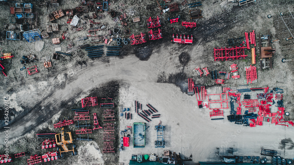 Fototapeta premium Agricultural production warehouse from drone. On top shoot.