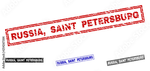 Grunge RUSSIA, SAINT PETERSBURG rectangle stamp seals isolated on a white background. Rectangular seals with grunge texture in red, blue, black and grey colors. Vector rubber overlay of RUSSIA,