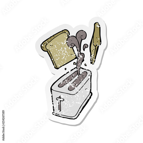 retro distressed sticker of a cartoon toaster spitting out bread