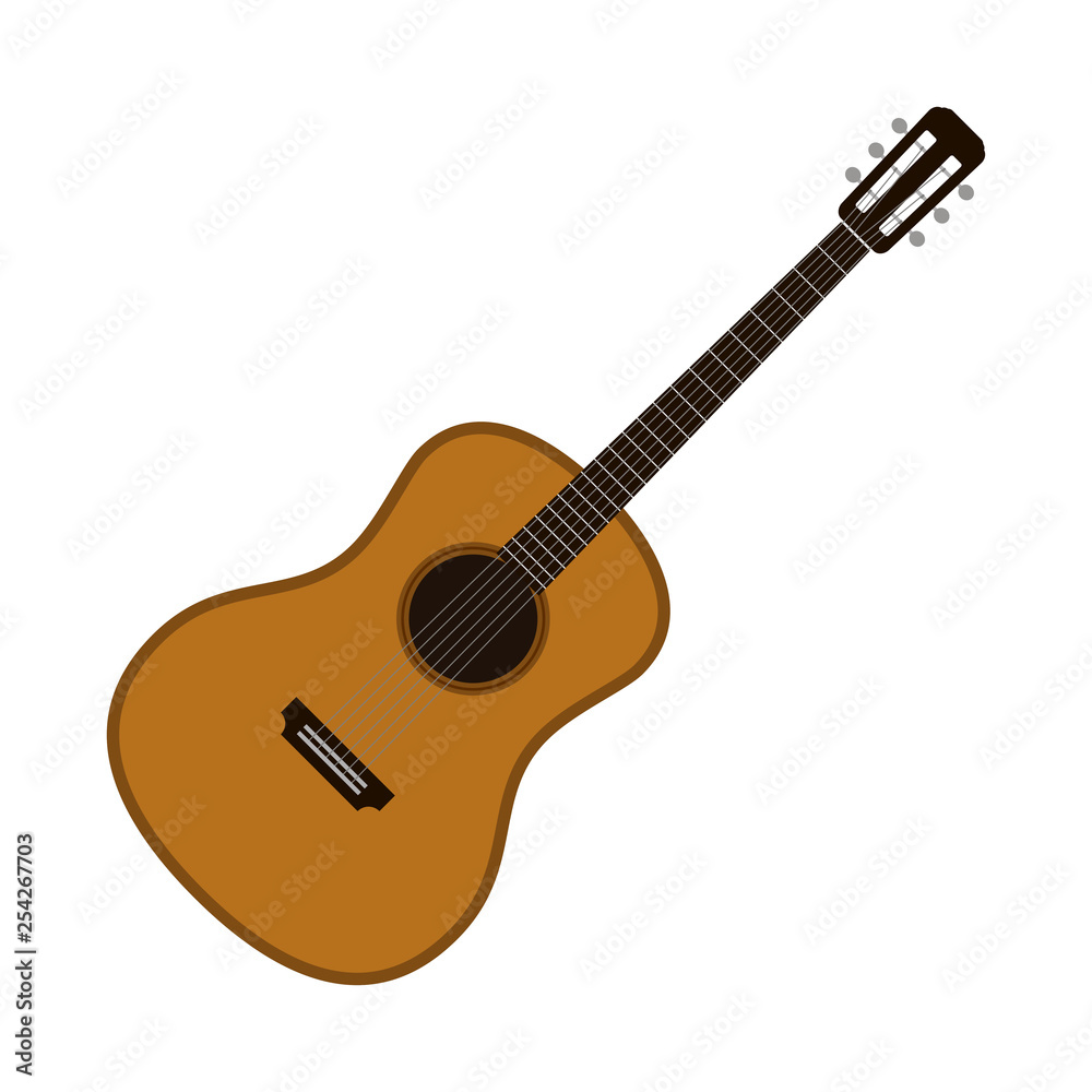 Wooden acoustic guitar in realistic style. Classical six-string Guitar isolated on white background. String plucked musical instrument. Vector illustration