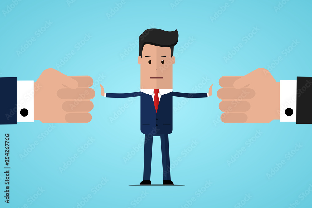 Stop conflict. Businessman referee finds compromise. Mediator solving