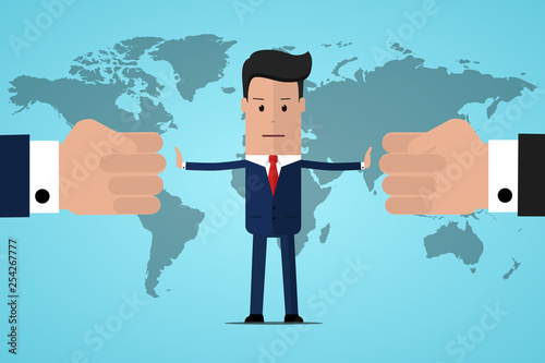 Stop conflict. Businessman referee finds compromise. Mediator solving competition. Conflict and solution. The man throws two fists. Man stop conflict or stop fighting. Vector illustration