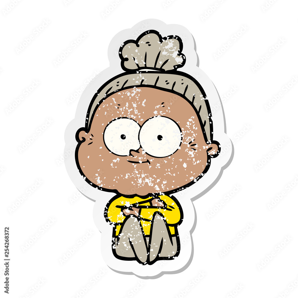 distressed sticker of a cartoon happy old woman