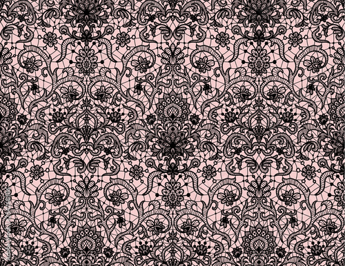 Seamless pink lace background with plack lace floral pattern