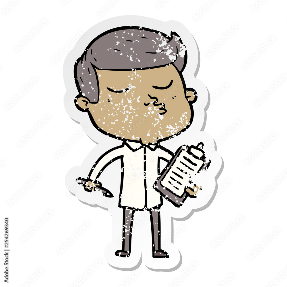 distressed sticker of a cartoon model guy pouting