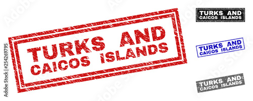 Grunge TURKS AND CAICOS ISLANDS rectangle stamp seals isolated on a white background. Rectangular seals with distress texture in red, blue, black and grey colors.