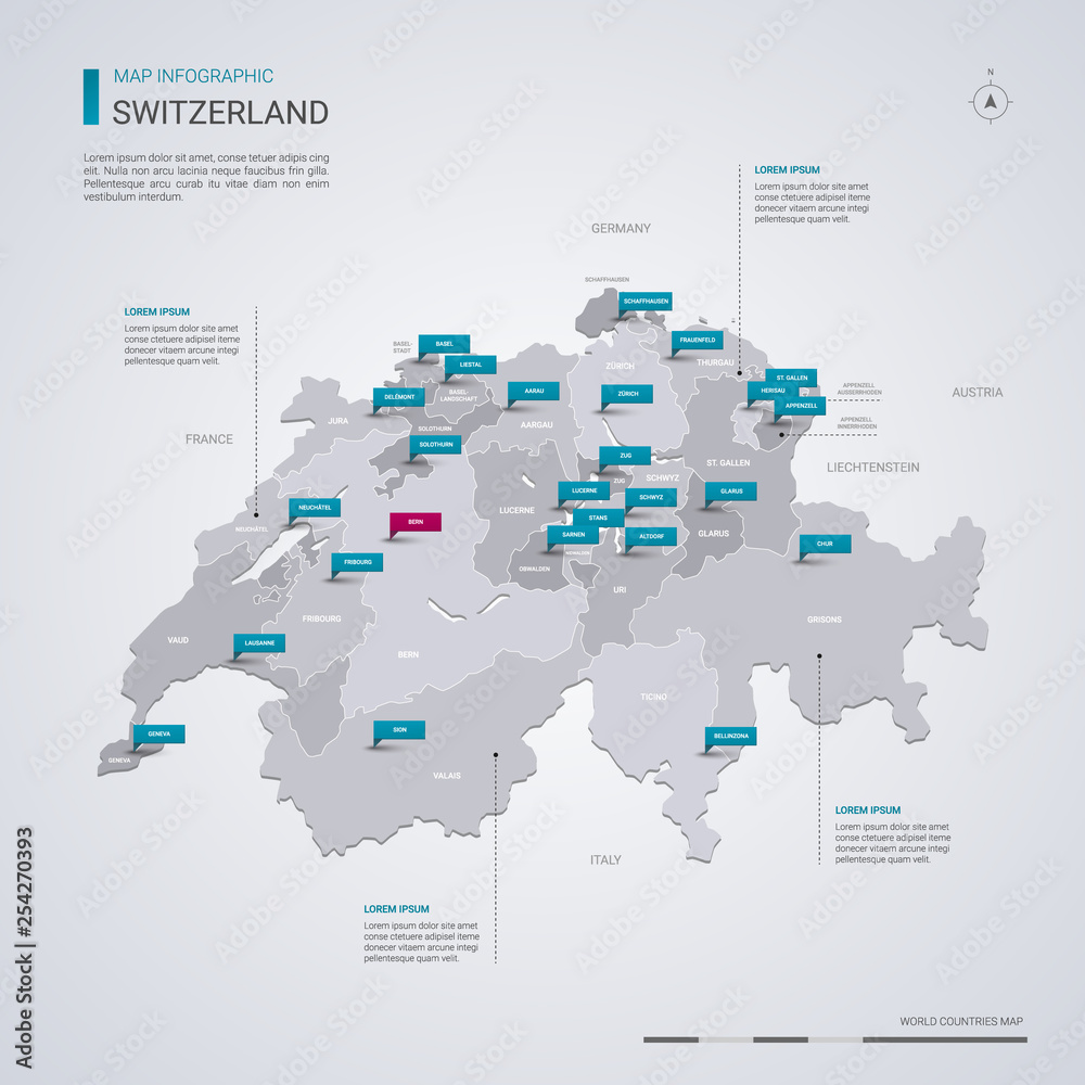 Switzerland vector map with infographic elements, pointer marks. Switzerland vector map with infographic elements, pointer marks.