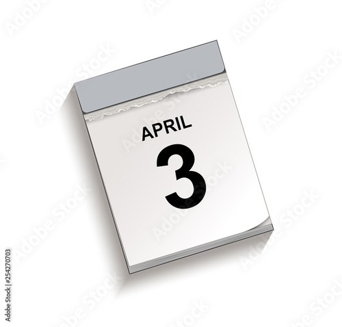 Kalender April 3, Abreißkalender mit Datum, Vektor Illustration isoliert auf weißem Hintergrund