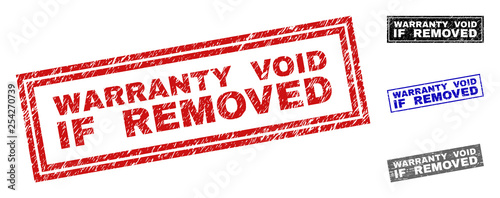 Grunge WARRANTY VOID IF REMOVED rectangle stamp seals isolated on a white background. Rectangular seals with grunge texture in red, blue, black and grey colors.