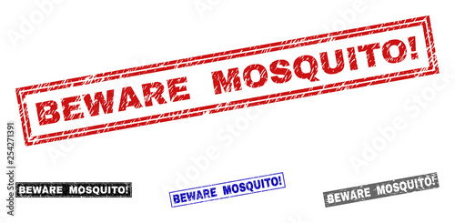 Grunge BEWARE MOSQUITO! rectangle stamp seals isolated on a white background. Rectangular seals with grunge texture in red, blue, black and gray colors.
