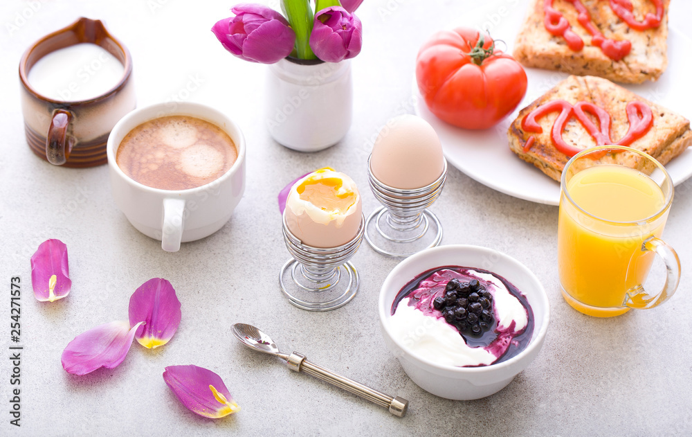 Delicious breakfast on a gray background. Delicious breakfast on a gray background.