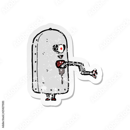 retro distressed sticker of a cartoon clunky old robot