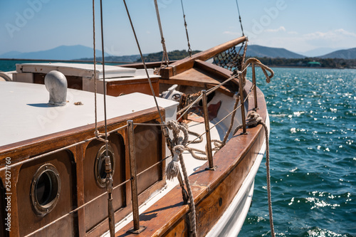 Photo of an old wooden boat, close view