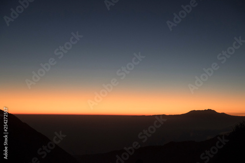 Sunrise at the bromo volcano.     Mount Bromo is an active volcano and one of the most visited tourist attractions in East Java  Indonesia. 