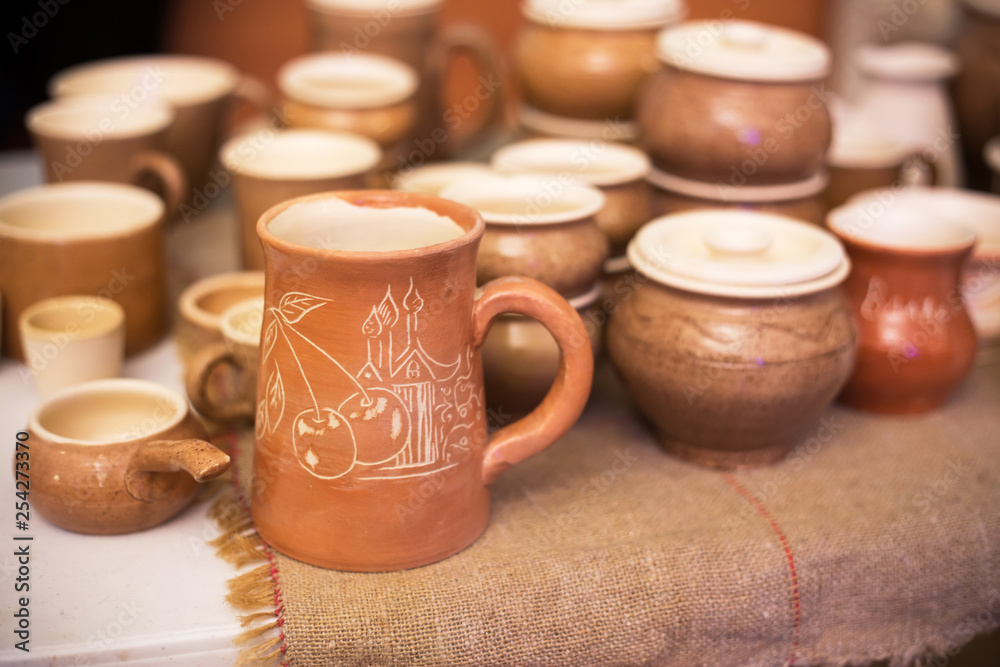 Handmade pottery, ceramic. Clay pots, jug and cups