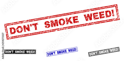 Grunge DON'T SMOKE WEED! rectangle stamp seals isolated on a white background. Rectangular seals with grunge texture in red, blue, black and gray colors.