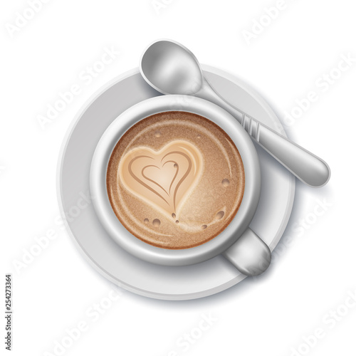 White Cup of coffee with heart. Spoon on a saucer. Vector realistic illustration. Flat Lay view.