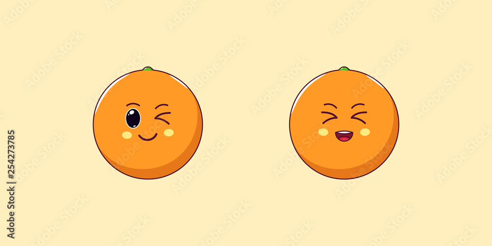 Cute Kawaii Orange, Cartoon Citrus Fruit. Vector