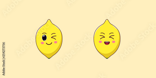Cute Kawaii Lemon, Cartoon Citrus Fruit. Vector